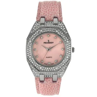 Peugeot Hexagonal Crystal Bezel Leather Watch- 37MM in Pink at Nordstrom