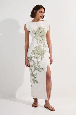 Karen Millen Womens Premium Summer Embellished Applique Tailored Maxi Dress - Green Linen - Size 10 UK