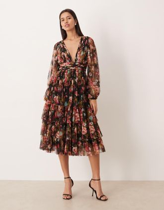 Lace & Beads Madison - Vestito midi a balze con scollo profondo e maniche a palloncino in tulle nero a fiori