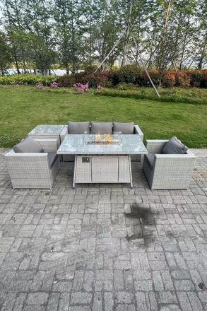 Fimous Corner Rattan Garden Furniture Set Gas Fire Pit Dining Set Heater Lounge Sofa SideTable in Light Grey