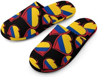 Generic Colombia Flag Heart Flannel Mens Slip-on Slippers Winter Warm House Shoes with Rubber Sole for Home Hotel
