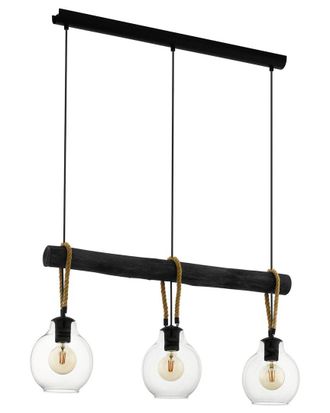 Eglo Eglo Roding 3 Light Linear Pendant With Black Finish, Brown Roping & Clear Glass Shade