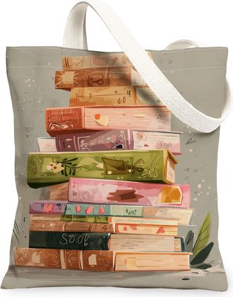 Generic Artistic Vintage Canvas Tote Bags, Stack of Books Design Reusable Grocery Bags, Lightweight Washable Shoulder Strap Canvas, Gray, 13x15 Inch