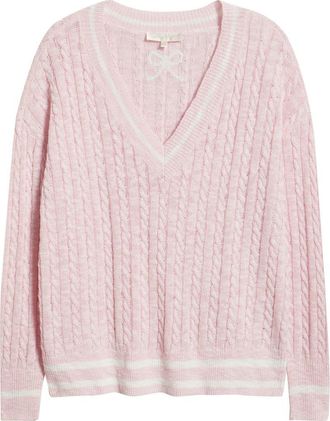 LoveShackFancy Jessanna Cotton & Linen Cable Knit Sweater in Polo Blush at Nordstrom, Size Xx-Large
