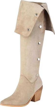 Generic Womens Sexy Over The Knee Boots Pointed Toe High Block Heel With Side Zipper And A Pleated Thigh High Shaft