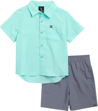 Under Armour Kids Drift Tide Short Sleeve Button-Up Shirt & Shorts Set in Neo Turquoise at Nordstrom, Size 18M