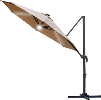 OUTSUNNY 3(m) LED Cantilever Parasol Outdoor with Base Solar Lights Brown | TJ Hughes