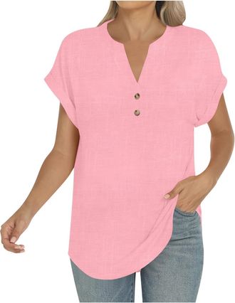 Generic Womens Blouses & Shirts Long Cotton Tunics Tshirts Size 18 Button Down Vneck Summer Clothes Linen Short Sleeve Tops for Women UK Short Sleeve Shirt Wo