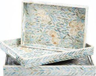 Tozai Home Palawan Flower Set of 3 Mother-of-Pearl Lacquered Trays