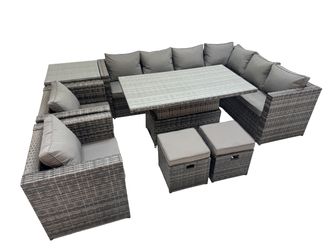 Fimous 10 Seater Rattan Corner Sofa Sets with 2 Chairs 2 Stools Side Table in Dark Grey
