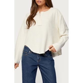 Edikted Alisia Oversize Waffle Knit Henley in Beige at Nordstrom, Size X-Small