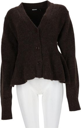 Rotate Deep V-Neck Brown Knit Sweater With Flared Hem