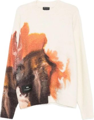 Yohji Yamamoto Grafische Print Witte Trui - Heren - Ronde hals truien - Wit - M - Wol - Truien & Vesten