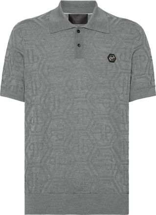 Philipp Plein monogram-jacquard polo shirt - men - Mulberry Silk/Merino/Mother of Pearl - M - Grey