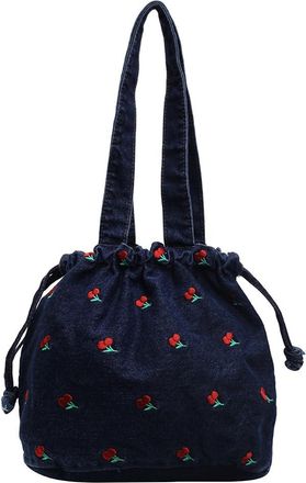 Generic Women Denim Shoulder Bag Embroidered Cherry Underarm Bag Drawstring Handbag Jean Hobo Bag Commuting Shopping Bag (Dark Blue)