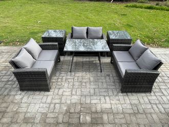 Fimous 6 PCS Outdoor Lounge Sofa Set Wicker PE Rattan Garden Furniture Set with Rectangular Dining Table Love Seat Sofa in Dark Grey