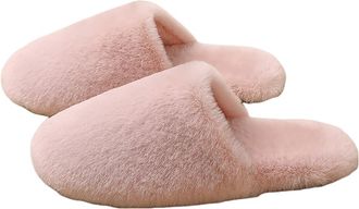 Generic Womens White Fuzzy Slide Slippers, Winter Warm Cozy Fleece Lining Scuff Slippers, Non-Slip Rubber Sole Indoor Outdoor House Shoes,Pink,7.5 UK