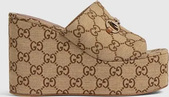 Gucci Womens Wedge Sandal With Horsebit, Beige, Fabric