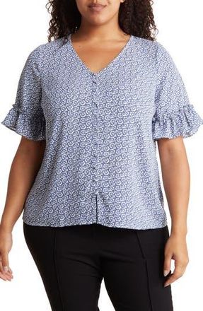 CeCe by Cynthia Steffe Double Flutter Sleeve Button Front Blouse in Denim/white 451 at Nordstrom Rack, Size 2X