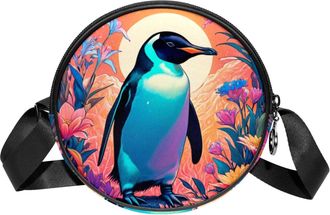 Generic Circle Crossbody Bag for Women, Color Drawing Penguin Small Sling Bag Daypack with Zipper Adjustable Shoulder Straps Casual Ladies Girls Round Purse