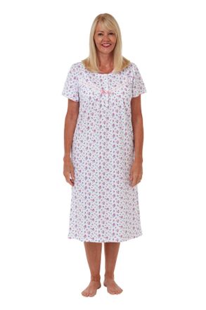 Marlon Womens Maria Nightie - Soft Knitted Jersey Nightdress With Short Sleeves & Button Placket - Pure Cotton or Comfy Easy Care Fabric, Pink, 12-14