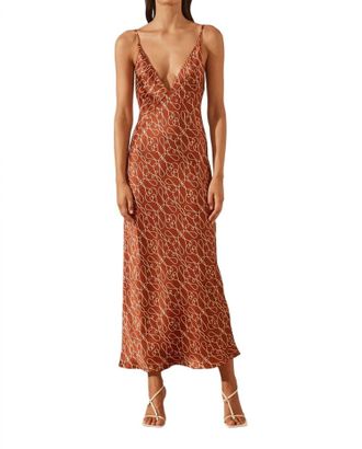 Shona Joy Artisti Silk Plunged Slip Midi Dress In Brick/ Cream