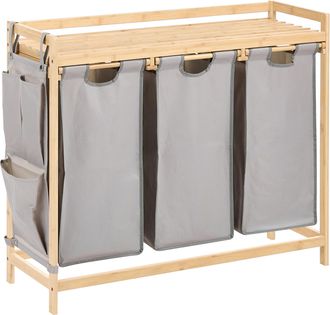 Beliani Conjunto De 3 Cestas Para La Ropa Sucia Minimalista Con Bolsillos Laterales De Tela Gris Extra&iacute;ble Y Lavable Ba&ntilde;o Marr&oacute;n Claro Torotal