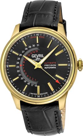 Gevril Group Guggenheim Automatic IP Gold, Case, Black Dial, Genuine Italian Handmade Black Leather Strap with White Stitching