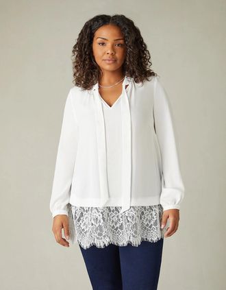 Live Unlimited London Womens Ivory Lace Tie Neck Tunic - White - Size: 12