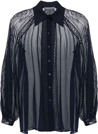 Alberta Ferretti lace-trim chiffon shirt - women - Cotton/Polyester - 48 - Blue