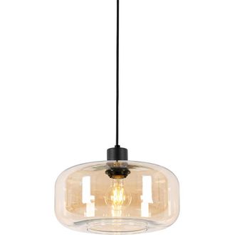 QAZQA Art D&eacute;co L&aacute;mpara Colgante Inteligente Negra Con Cristal &Aacute;mbar Con Wifi A60 - Bizle Vidrio /acero Redonda Adecuado Para Led Max. 1 X 4.9 Watt - Qazqa