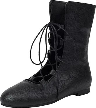 Generic Womens Retro Mid Calf Boots Round Toe Flat Heel Slip On Style With Decorative Lacing For Cosplay And Casual Wear