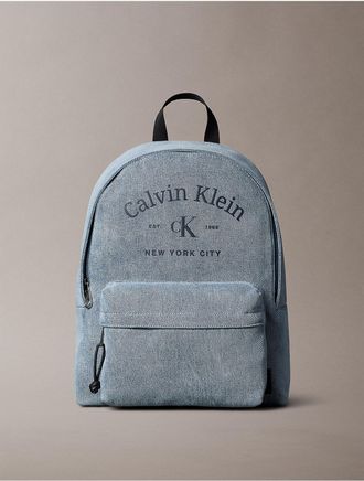 Calvin Klein Mens Arch Logo Denim Round Backpack - Blue