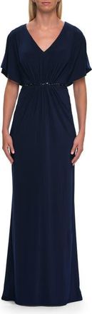 La Femme Flutter Sleeve Jersey Gown with Beaded Waist in Navy at Nordstrom, Size 20