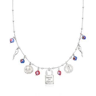 Ross-Simons Sterling Silver Italian-Inspired Charm Necklace With Multicolored Murano Glass Beads