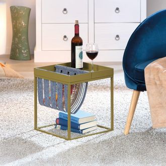 Dmora Dmora Table Basse En M&eacute;tal Peint Vert Olive, Avec Porte-revues En Laine Bouillie, 35x35x40 Cm