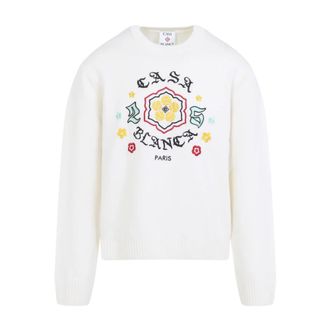 Casablanca Emblem Merino Knit Crew Neck - Heren - Ronde hals truien - Wit - M - Wol - Truien & Vesten