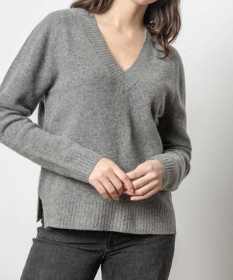 Lilla P Felted Easy V-Neck Sweater In Charcoal