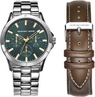 Geoffrey Beene Exchange Quartz Bracelet Watch, 41mm with Leather Strap in Silver at Nordstrom Rack