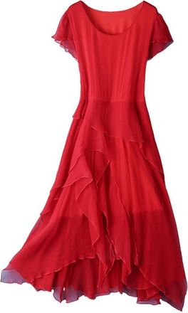 Dissa Women Red 100% Silk Dress Solid Round Neck Sleeveless Silk Knee-Length Casual Cocktail Party Prom Dress Asymmetric Slim Mulberry Silk Flowy Dress,UK 1
