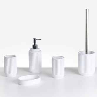 Beliani Beliani - Conjunto De 5 Accesorios De Ba&ntilde;o Jabonera Dispensador De Jab&oacute;n Escobilla De Inodoro Vaso Soporte Para Cepillos De Dientes Blanco Huarmey