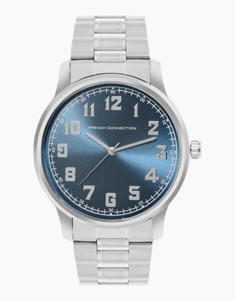 French Connection Mens Connection Silver Case Round Shape Silver Strap Quartz Watch - Blue - Size: ONE size