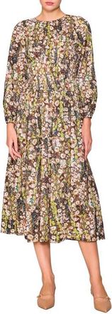 Melloday Floral Print Shirred Long Sleeve Midi Dress in Green Multi at Nordstrom, Size X-Small