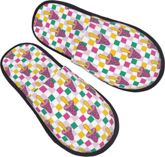 Generic Cute Checkerboard Mushrooms Women Men Shoes Soft House Shoes Warm Sliders For Indoor Outdoor Winter M