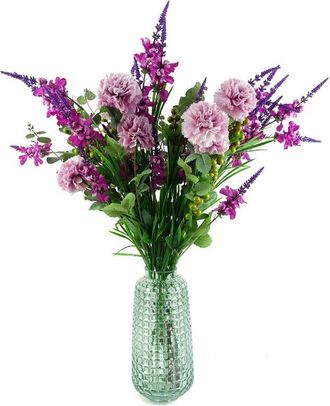 Leaf 80cm Artificial Pink Carnation and Larkspur Glass Vase