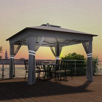 OUTSUNNY 3x3(m) Pop Up Gazebo w/ Solar-Powered LED Lights Curtain Netting in Grey