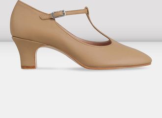 Bloch Ladies Chord T-Strap 2 inch Heel Character Shoes, Black Leather