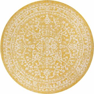 Jonathan Y Designs Malta Bohemian Medallion Textured Weave Indoor/Outdoor Round Area Rug in Yellow/cream at Nordstrom, Size 5Ft 0In X 5Ft 0In