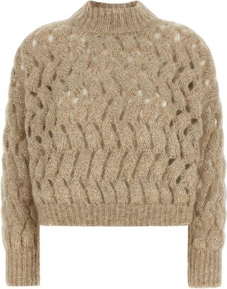 Brunello Cucinelli Beige Knitted Mock Collar Sweater
