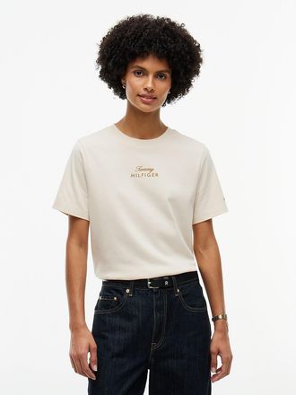 Tommy Hilfiger Womens Embroidered Script Interlock T-Shirt - Sugarcane - XL